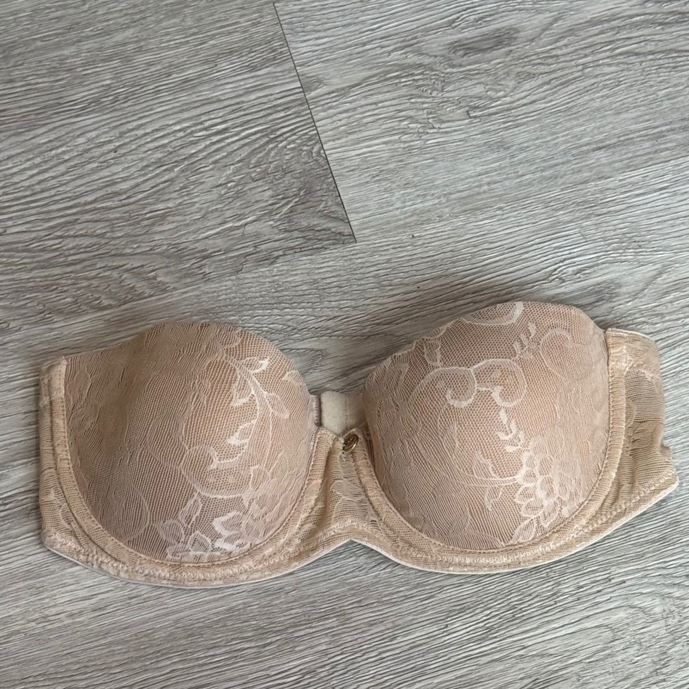 Natori Womens 32B Strapless Lace Underwire Bra Tan Beige Floral 749129